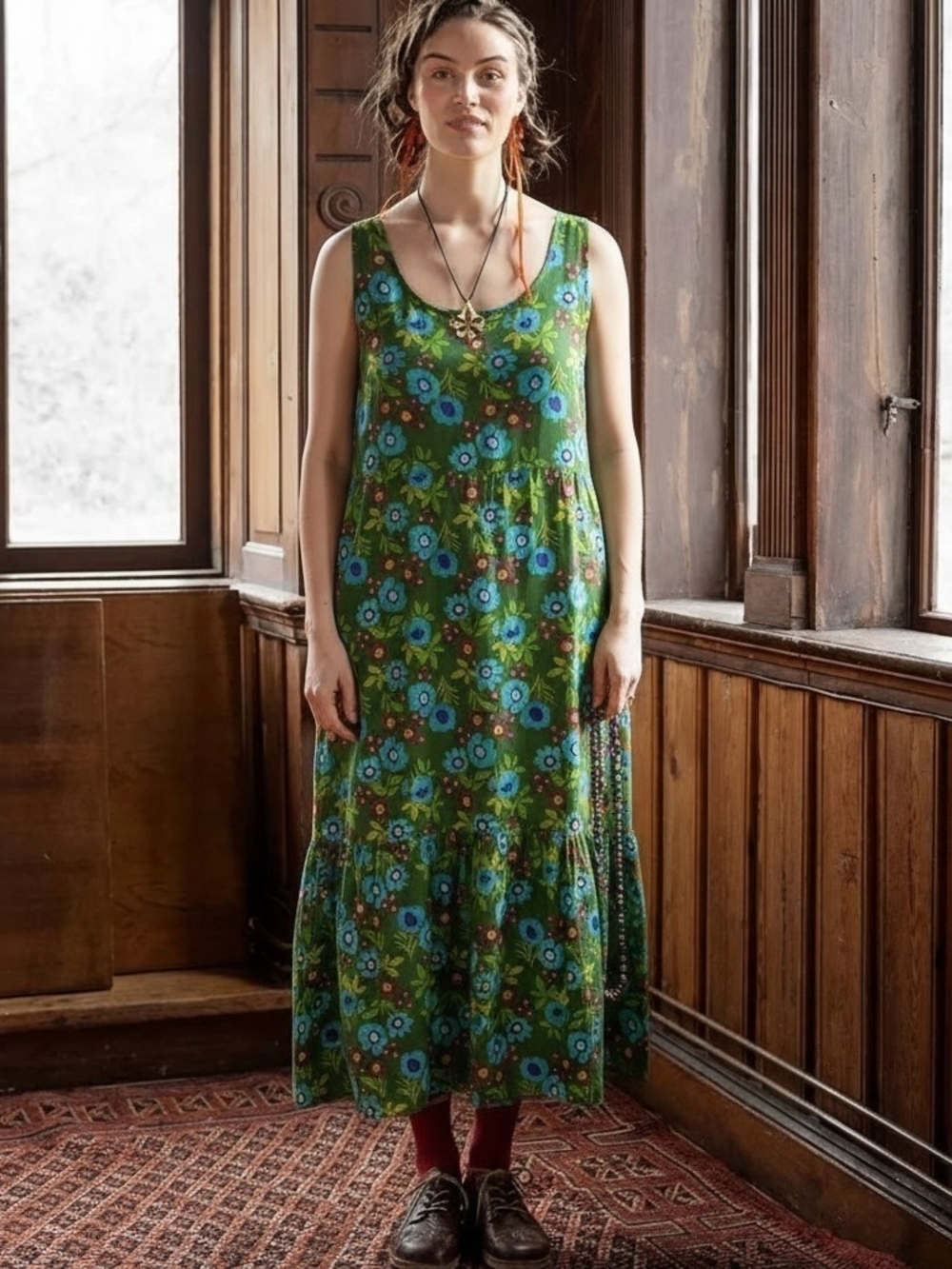 Gudrun Sjöden Organic Cotton Green Floral Tiered Maxi Dress Sundress Large